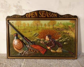 RARE Large Country Corner Hunting Scene. 50s Wooden Country Corner Wall Decor Sign.