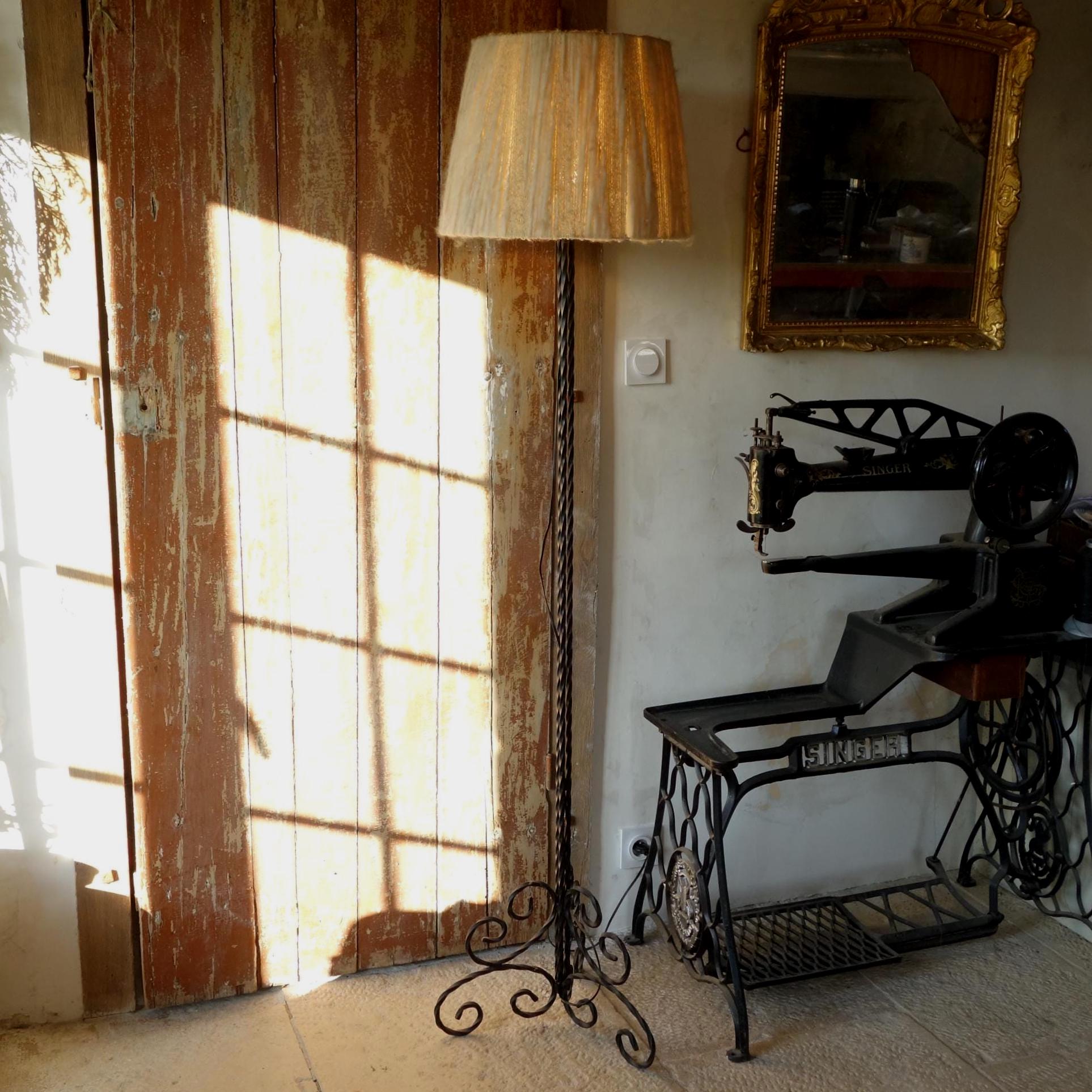 Wrought Iron Floor Lamp Foot with Handmade Wool Lampshade - Vintage Art Deco Lighting