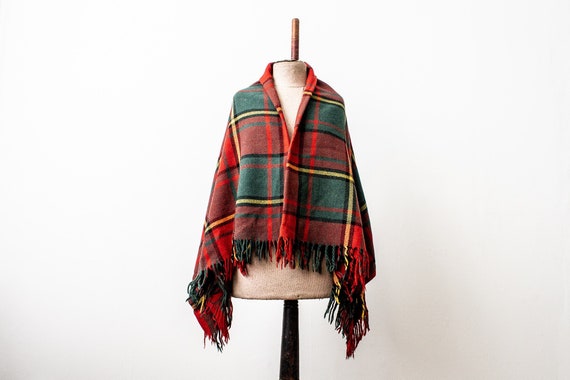 Vintage Scottish Wool Tartan Blanket: Red Plaid Fringed Throw