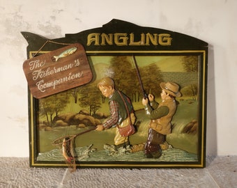 RARE Large Country Corner Theme Fishing. 50s Wooden Country Corner Wall Decor Sign.