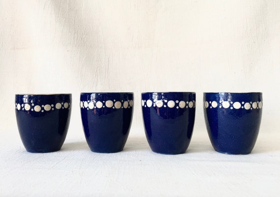 Handmade Blue Ceramic Coffee Cups: Rustic White Dot Pottery Set