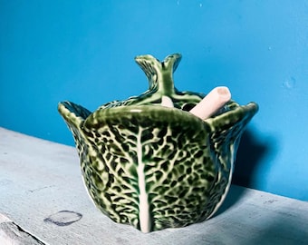 Small Cabbage Bowl with Spoon & Lid. Green Leaf Tureen Barbotine.