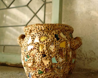 French Folk Art Vase - Vintage Pique Assiette Mosaic Plant Pot