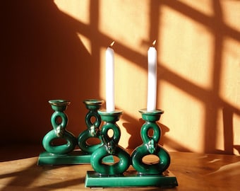 Vintage 1950s Braided Green Ceramic Candlestick Holder – French Mid-Century Design