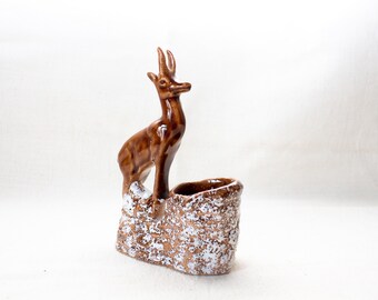 KILLER Art Deco Ceramic Candlestick. Brown Enamel Candlestick Carrier. Sculpture Stoneware Candelabra. Chamois Deer Animal Candleholder.