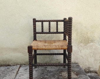 Vintage French Corner Bobbin Fireplace Chair - Rustic Home Decor Accent Chair