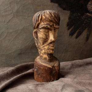 Brutalist Artist Wooden Sculpture - Rustic Figurative Hand Carved Decorative Bust