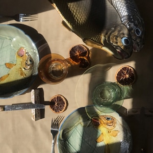 Vintage Majolica Fish Plates Set of 6. Eclectic Dining Ceramic Dishes.