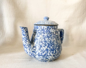 KILLER Blue Spongeware Ceramic Teapot. French Pottery Spongeware. Unusual Kitchenware.