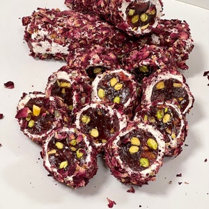 Double Delight Turkish Delight with Rose Leaf and Pistachio Wick by Refa Food:Special Turkish Delight with rose petals
