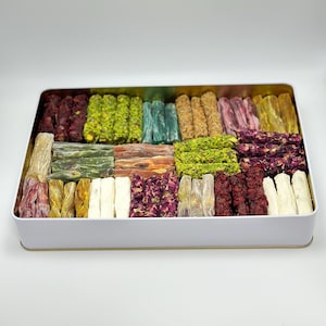 Mixed Turkish Delight, Mini Finger Turkısh Delight ,with Pistachio and coated by Refa Food Pistachious Delight  -Delight in the metaly box-