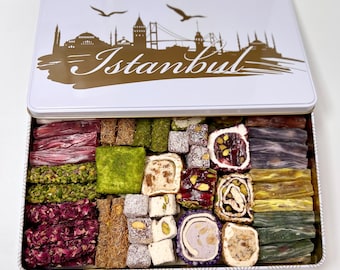 Mixed Turkish Delight, Turkish Delight ,with Pistachio and coated by Refa Food Pistachious Delight, Best , -in the Metal box-