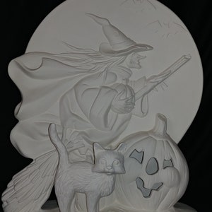 Ceramic bisque - Flying witch over moon