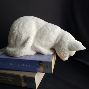 May include: White ceramic cat figurine with a sleeping pose, resting on top of two books. The books are titled "The Count of Monte Cristo" and "Little Women".