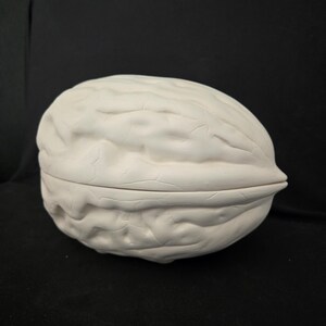 May include: A white ceramic walnut-shaped container with a textured surface. The container is split in half, with the top half slightly ajar, revealing the interior. The background is a solid black.