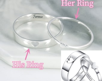 Sterling Silver Couple Rings Love Heart Matching Ring Set for Couple, Engraved Couple Bands, Anniversary Gift Engagement Ring for Him Her