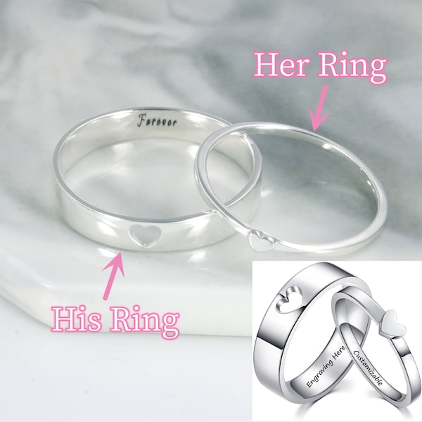 Sterling Silver Couple Rings Love Heart Matching Ring Set for Couple, Engraved Couple Bands, Anniversary Gift Engagement Ring for Him Her