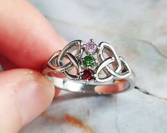 Celtic Trinity Knot Ring for Women Mom, Three Stone Mothers Ring Celtic Ring with 3 Birthstone, Sterling Silver Jewelry Mother's Day Gifts