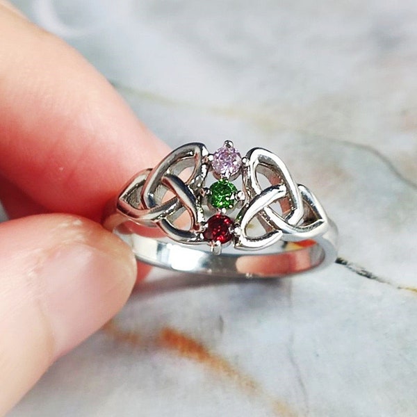 Celtic Trinity Knot Ring for Women Mom, Three Stone Mothers Ring Celtic Ring with 3 Birthstone, Sterling Silver Jewelry Mother's Day Gifts