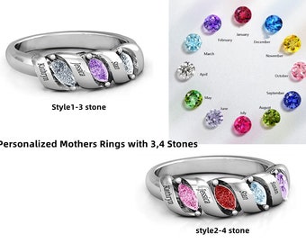 Personalized Mother's Rings with 3,4 Stones, 925 Sterling Silver Family Birthstone Rings for Mothers Mom Grandma Nana Mother's Day Gifts