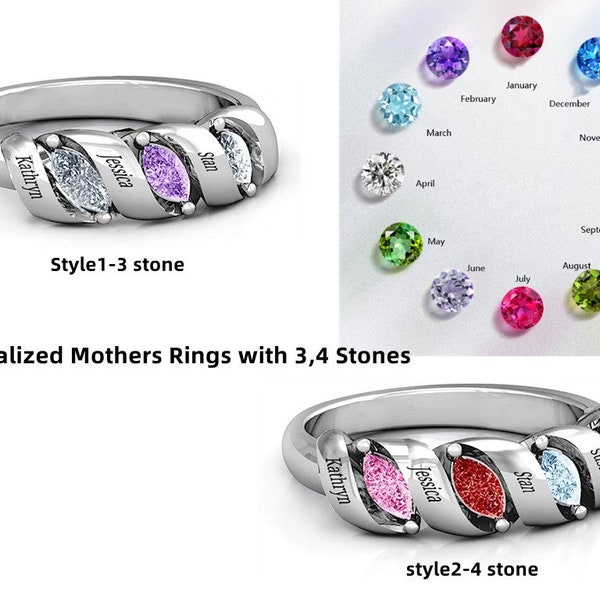 Personalized Mother's Rings with 3,4 Stones, 925 Sterling Silver Family Birthstone Rings for Mothers Mom Grandma Nana Mother's Day Gifts