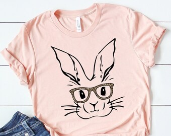 Bunny with Leopard Glasses Tee shirt, Easter Bunny shirt, Easter bunny graphic tee, Easter shirts for women, Ladies Easter Bunny Tee shirt