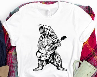 Bear T-Shirt Gift, Bear Playing Guitar Shirt, Men's Bear Shirt, Men's Graphic Tee Bear Guitar Bear Music Gifts, Mountain Bear Camping Shirt