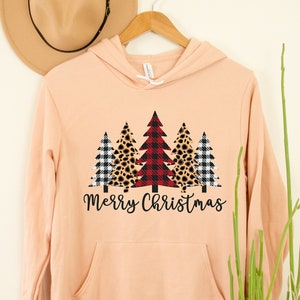 Merry Christmas Buffalo Plaid Leopard Print Christmas Trees T-shirt Hoodie, Sweatshirts for women, Christmas Holiday Sweatshirts Hoodie