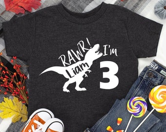 3rd Birthday Shirt Boy Dinosaur Rawr I'm 3 Toddler Three Year Old Third Dino Outfit,Three Rex Tee Shirt,Personalized Dino 3rd Birthday Shirt