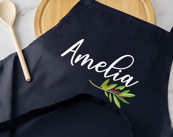 Personalized Kitchen Apron with Branch Olive,Custom Name Cooking Apron with Pockets, Birthday Wife Girlfriend Fiance Present Gift Baker Cook