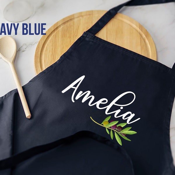 Personalized Kitchen Apron with Branch Olive,Custom Name Cooking Apron with Pockets, Birthday Wife Girlfriend Fiance Present Gift Baker Cook