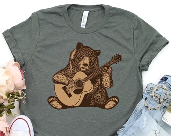 Bear Playing Guitar Shirt, Mountain Bear Camping Shirt, Bear T-Shirt Gifts, Men's Bear Shirt, Men's Graphic Tee Bear Shirt Guitar Music Gift
