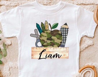 Camo Apple Plaid Pencil Tee,Camo School Design Shirt,Personalized Name Boy Shirt,Custom Boy Shirt,Back to School,First Day of School Shirt