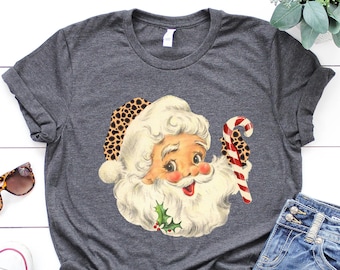 Retro Santa Tee, Leopard Christmas Shirt, Merry Christmas Shirt, Vintage Santa Graphic Tee Shirt, Classic Christmas Santa Longsleeve Pjs