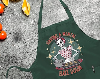 Having a Mental Bake Down Apron, Skeleton Chef Apron, Gift for Baker, Funny Cooking Apron, Halloween Baking Apron, Cookie Baker Apron Gift