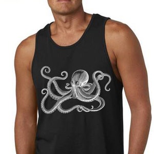 May include: A black sleeveless tank top with a white graphic of an octopus with tentacles.