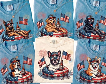 Patriotic Dogs Comfort Colors 4th of July Dog  T-Shirts, 124+ Dog Breeds, Custom Available, USA Flag, Fireworks, USA 250 Shirt