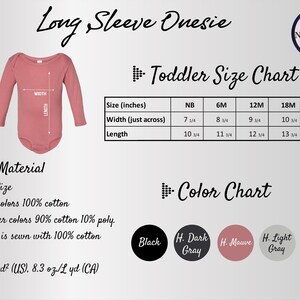 The image is a detailed toddler size chart for a long sleeve onesie, including measurements and color options.