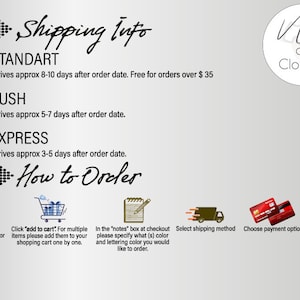 May include: A graphic with instructions on how to order clothing from New as Clothing. The graphic includes a shopping cart, a notepad, a delivery truck, and a credit card. The text on the graphic says "Select the Design, Size, Color", "Click 'add to cart'. For multiple items please add them to your shopping cart one by one.", "In the 'notes' box at checkout please specify what (s) color and lettering color you would like to order.", "Select shipping method", "Choose payment option", and "Completed".