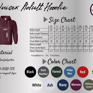 a full - zip hoodie with the size chart of the hoodie