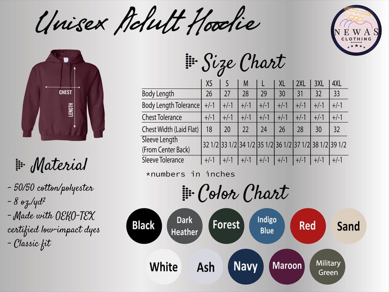 a full - zip hoodie with the size chart of the hoodie