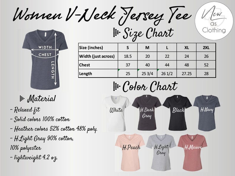 The image is a size chart and color chart for women's V-neck t-shirts. It provides measurements and color options for different sizes, including chest, waist, and length. The chart also includes color options for relaxed fit, solid colors, and lightweight materials.