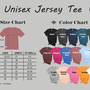 May include: Unisex jersey tee size chart with measurements in inches and color chart with various colors. The chart shows chest, length, and fit sizes in pounds.