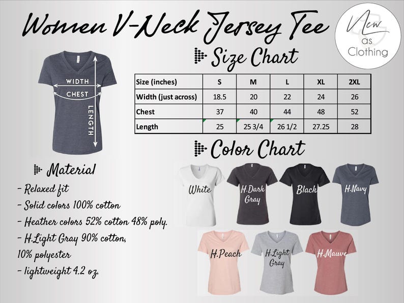 The image is a size chart and color chart for women's V-neck t-shirts. It provides measurements and color options for different sizes, including a relaxed fit, solid colors, and various fabric types.
