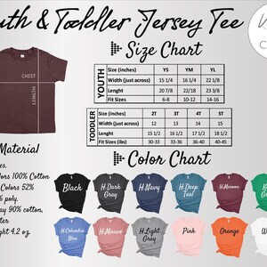 The image is a detailed size chart for a youth and toddler jersey, including measurements for chest, waist, hips, and shoulders, along with a color chart listing various jersey colors.