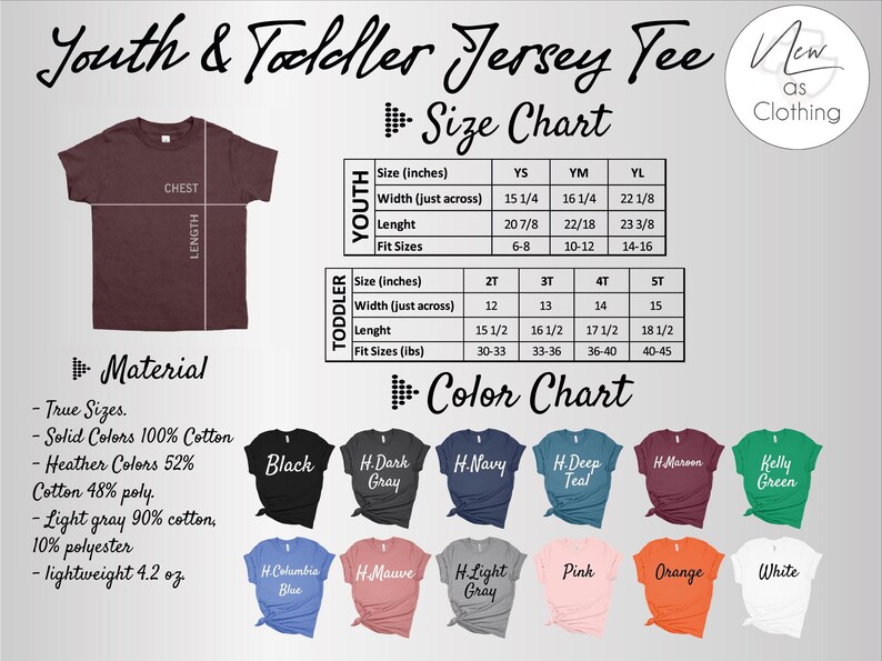 The image is a detailed size chart for a youth and toddler jersey, including measurements for chest, waist, hips, and shoulders, along with a color chart listing various jersey colors.