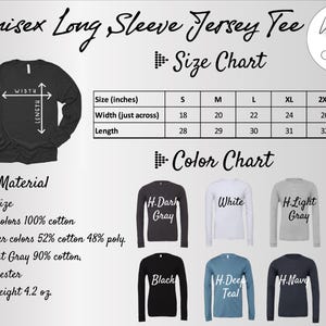The image is a size chart and color chart for a long sleeve jersey tee. It displays the sizes and corresponding colors for the different sizes, including true size, solid colors, and various shades of gray.