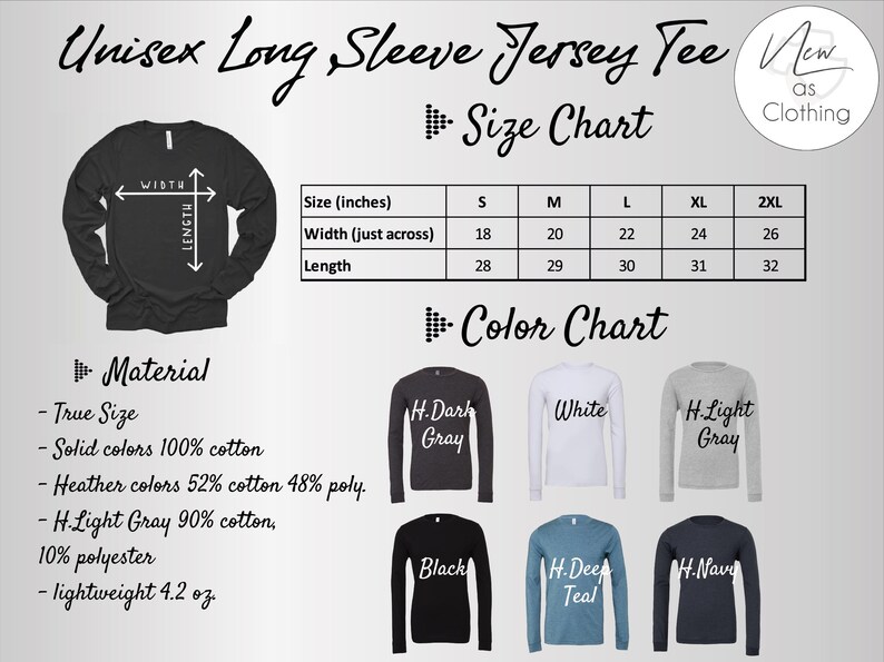 The image is a size chart and color chart for a long sleeve jersey tee. It displays the sizes and corresponding colors for the different sizes, including true size, solid colors, and various shades of gray.