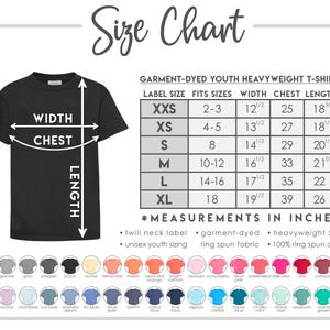The image is a size chart for a youth heavyweight t-shirt, providing measurements and corresponding color options for the t-shirt.