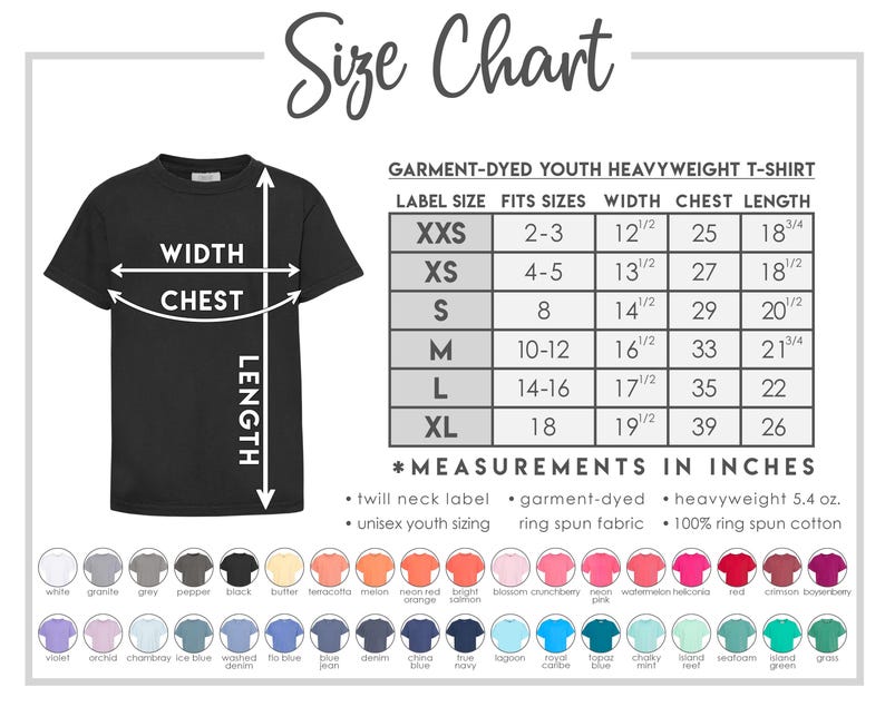The image is a size chart for a youth heavyweight t-shirt, providing measurements and corresponding color options for the t-shirt.
